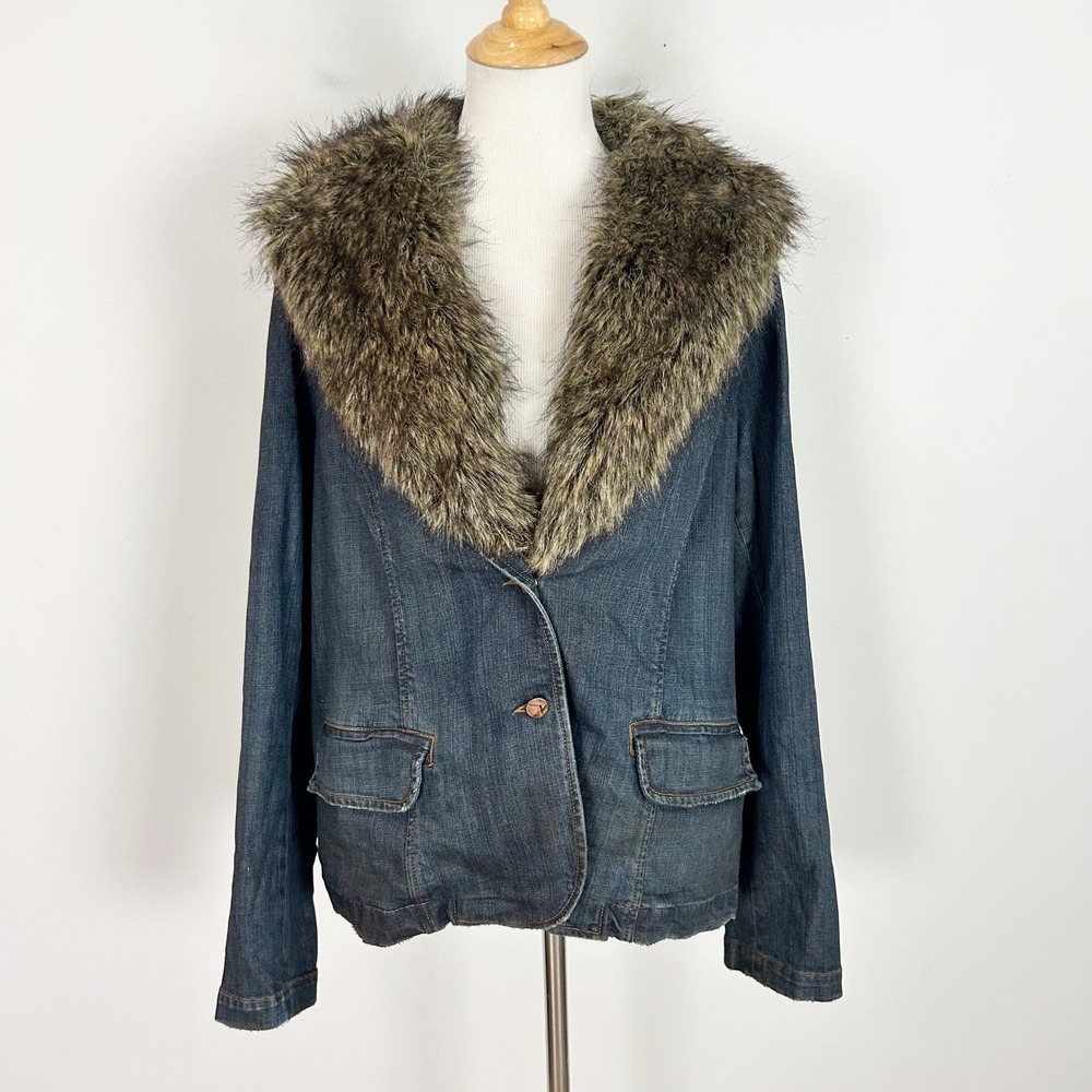 Venezia Y2K Faux Fur Collar Denim Jacket Dark Wash Blue Plus Size 18/20